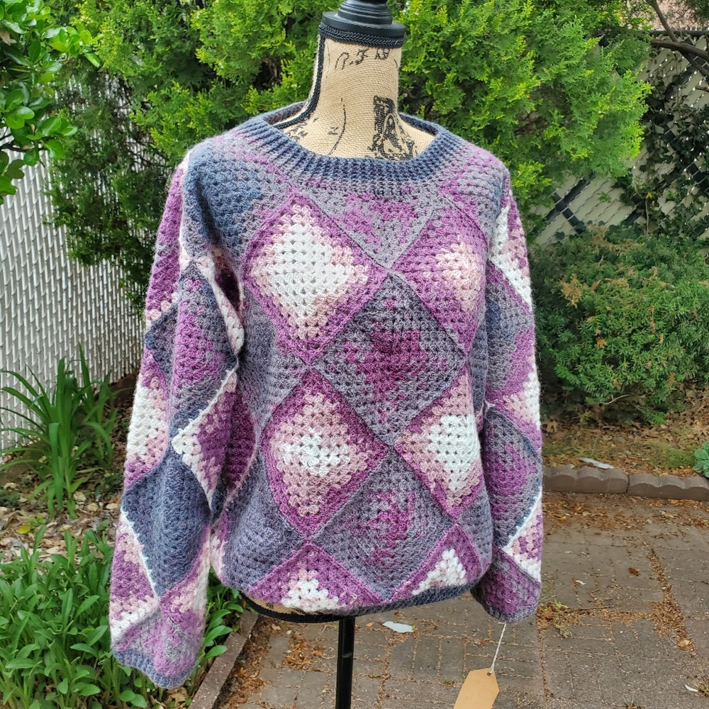 💖 New Handmade Granny Square Crochet Patched Pullover Sweater